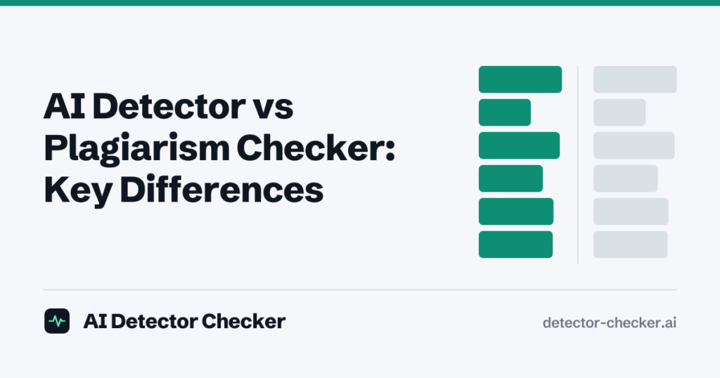 Cover illustration: two columns of bars, green on the left and grey on the right, separated by a vertical rule, next to the article title about AI detectors and plagiarism checkers