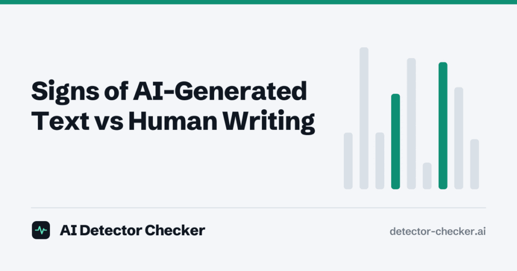Cover illustration: a row of signal bars of uneven height with two highlighted in green, next to the article title “Signs of AI-Generated Text vs Human Writing”